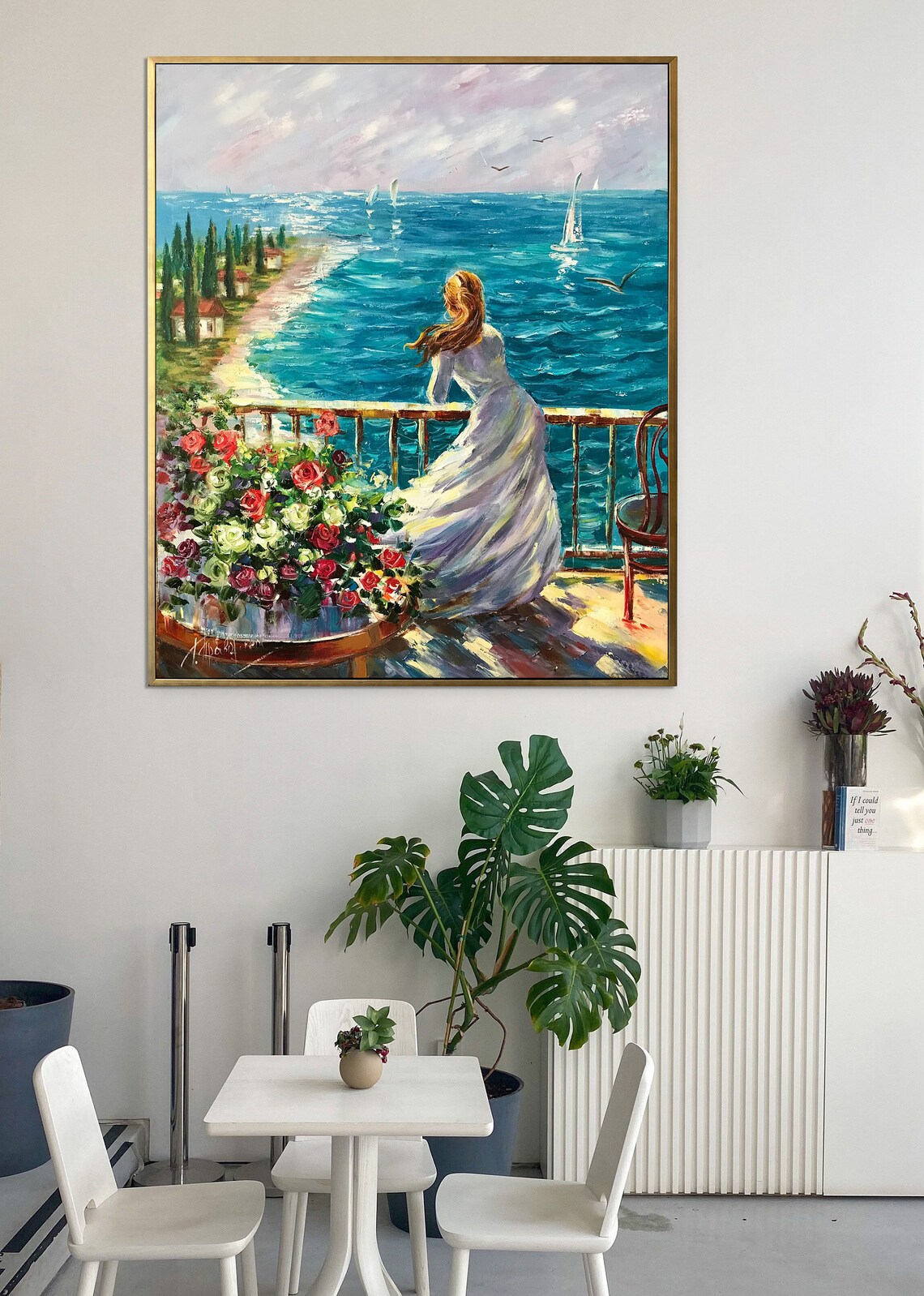 Woman by the Sea Oil Painting Dreaming Girl at Beach Art Scenery Art ...
