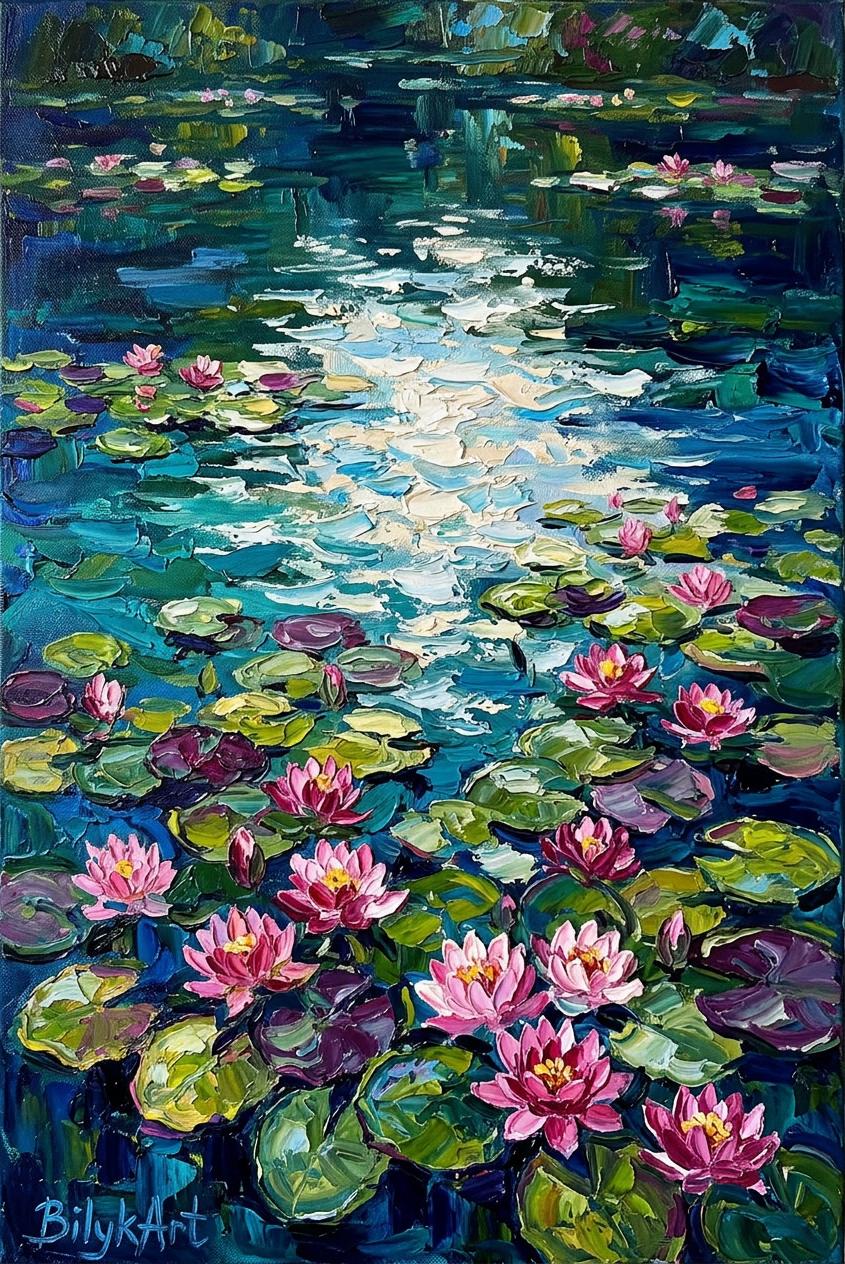 キャンバスに描かれた睡蓮の絵画 クロード・モネ 睡蓮の壁画 蓮の花の