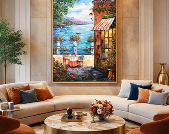 イタリアのカフェを描いた油絵オリジナル、イタリアの海辺の村のアート