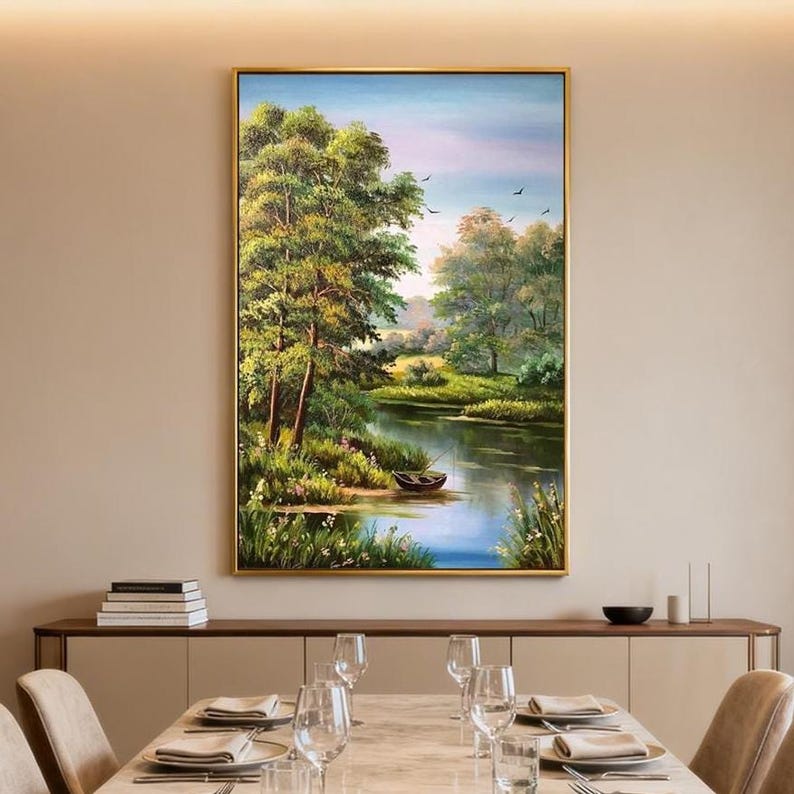 Original Landscape Oil Painting on Canvas Living Room Wall Art Green Forest Artwork River Panorama Wall Art Countryside Nature Oil Painting image 6