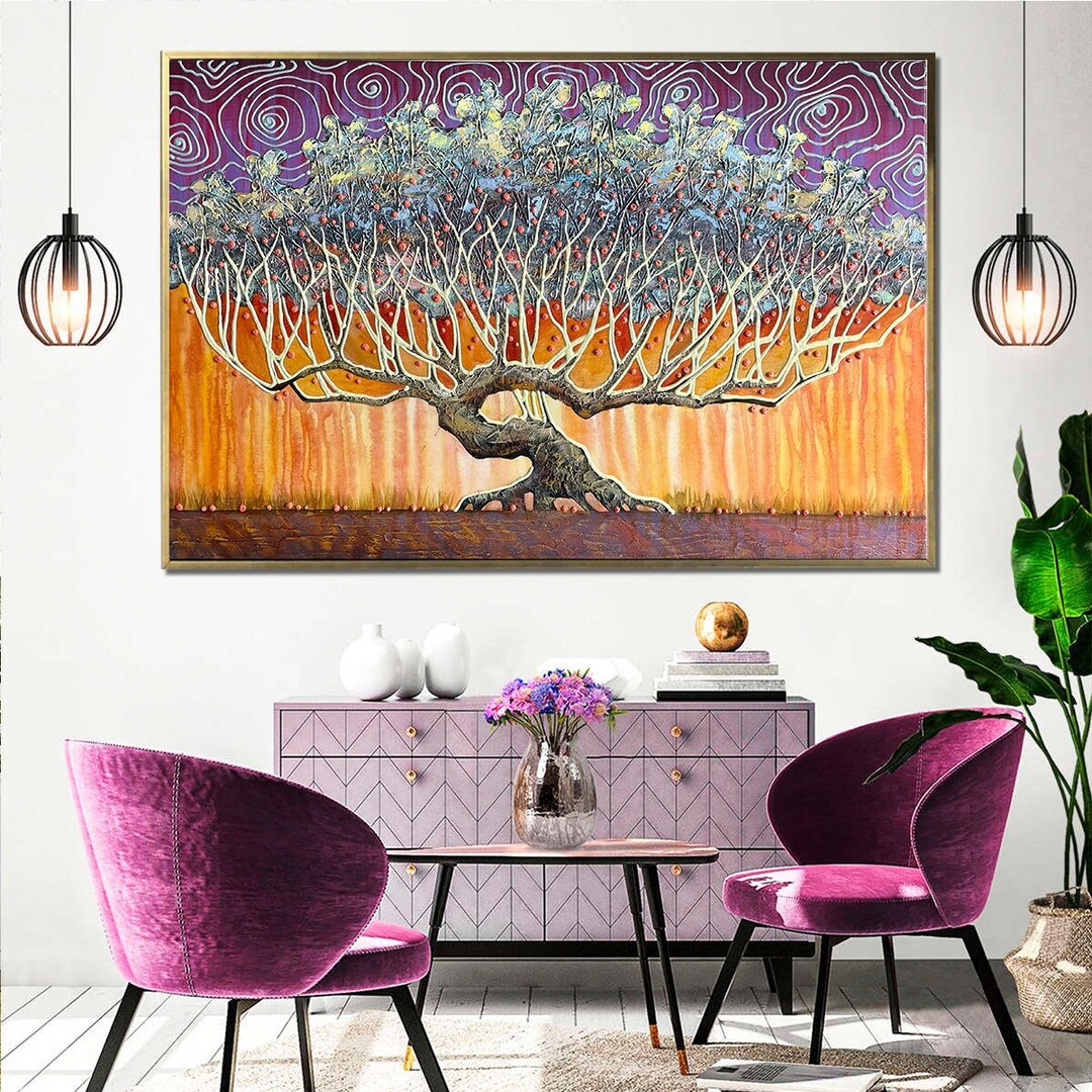 Tree of Life Wall Art Painting on Canvas Gustav Klimt Tree Abstract Painting Original Large Gold