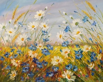 May include: An oil painting of a field of wildflowers. White daisies with yellow centers and blue cornflowers are interspersed with tall, golden wheat stalks. The background is a soft blend of yellow and blue, suggesting a sunny day.