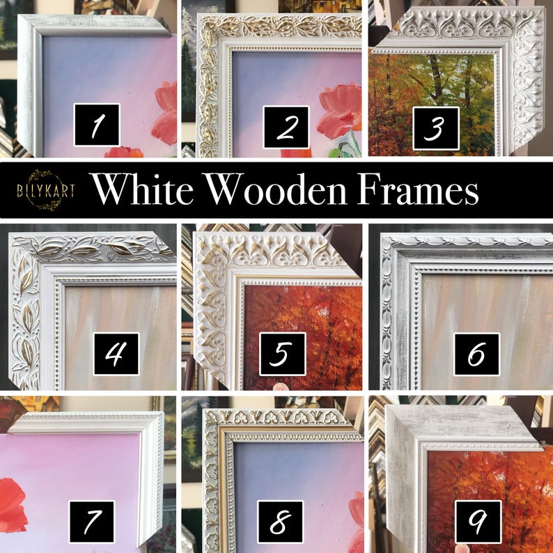 May include: A collection of nine white wooden picture frames with various ornate designs. The frames showcase different paintings, including floral and landscape scenes. The text "White Wooden Frames" is displayed.