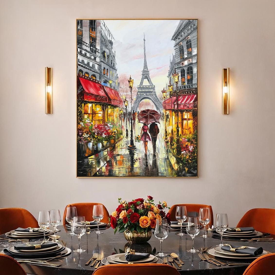 パリの愛の油絵オリジナルのロマンチックな愛の絵画エッフェル塔アート