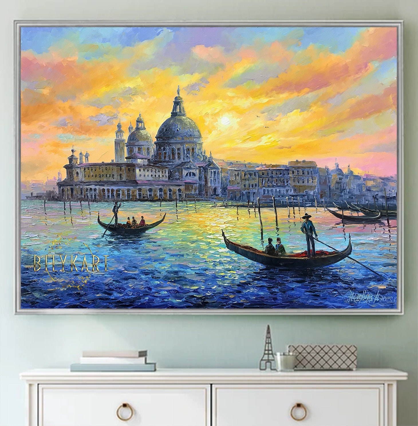 ヴェネツィアの運河の油絵 イタリアのオリジナル絵画 ヴェネツィアの