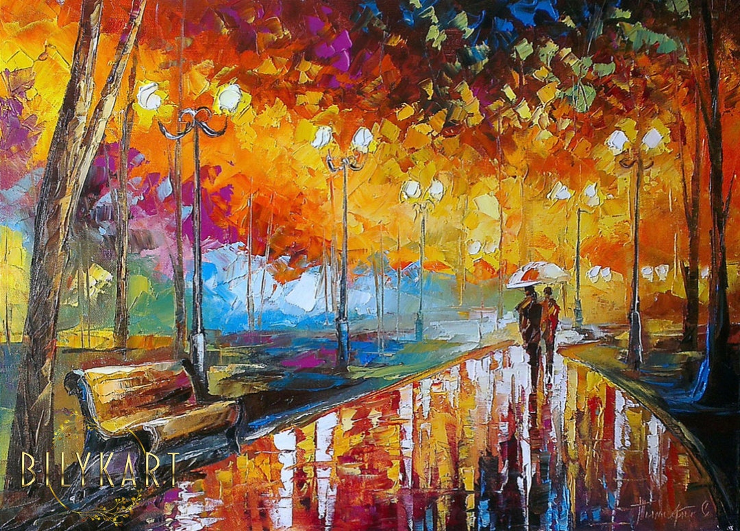 Couple Walking in Park Oil Painting Original Autumn Landscape Painting ...