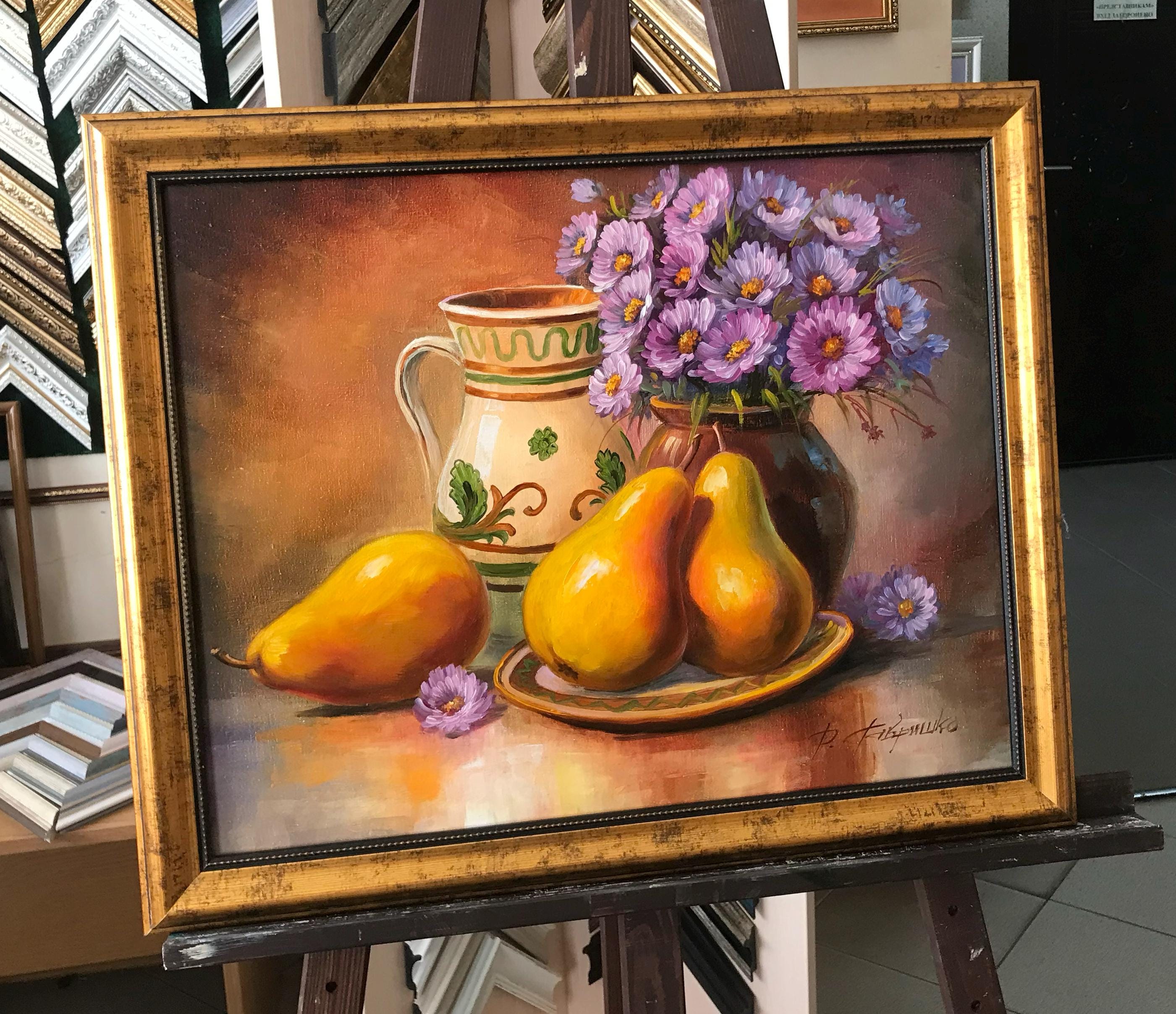 洋ナシの静物油絵 オリジナルのフルーツ絵画 洋ナシの静物画 アート