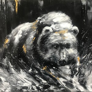 Black Bear Painting on Canvas, Black and White Bear Wall Art, Wildlife Oil Painting, Grizzly Bear Decor, Framed Abstract Bear Oil Painting