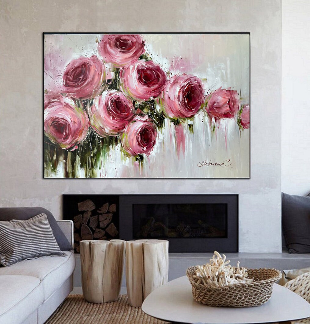 Large Oversized Roses Wall Art Pink Canvas Flowers Oil | Etsy