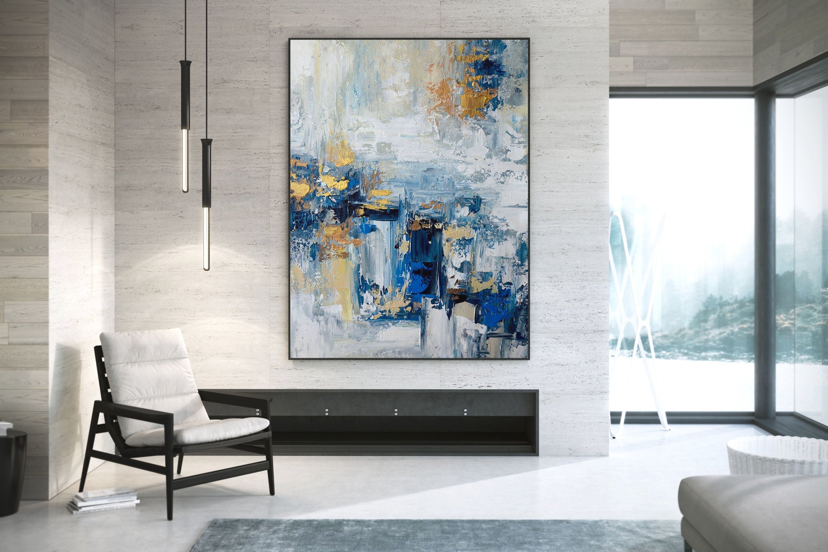 Blue Gold Abstract Painting Large Wall Art Contemporary Art Etsy