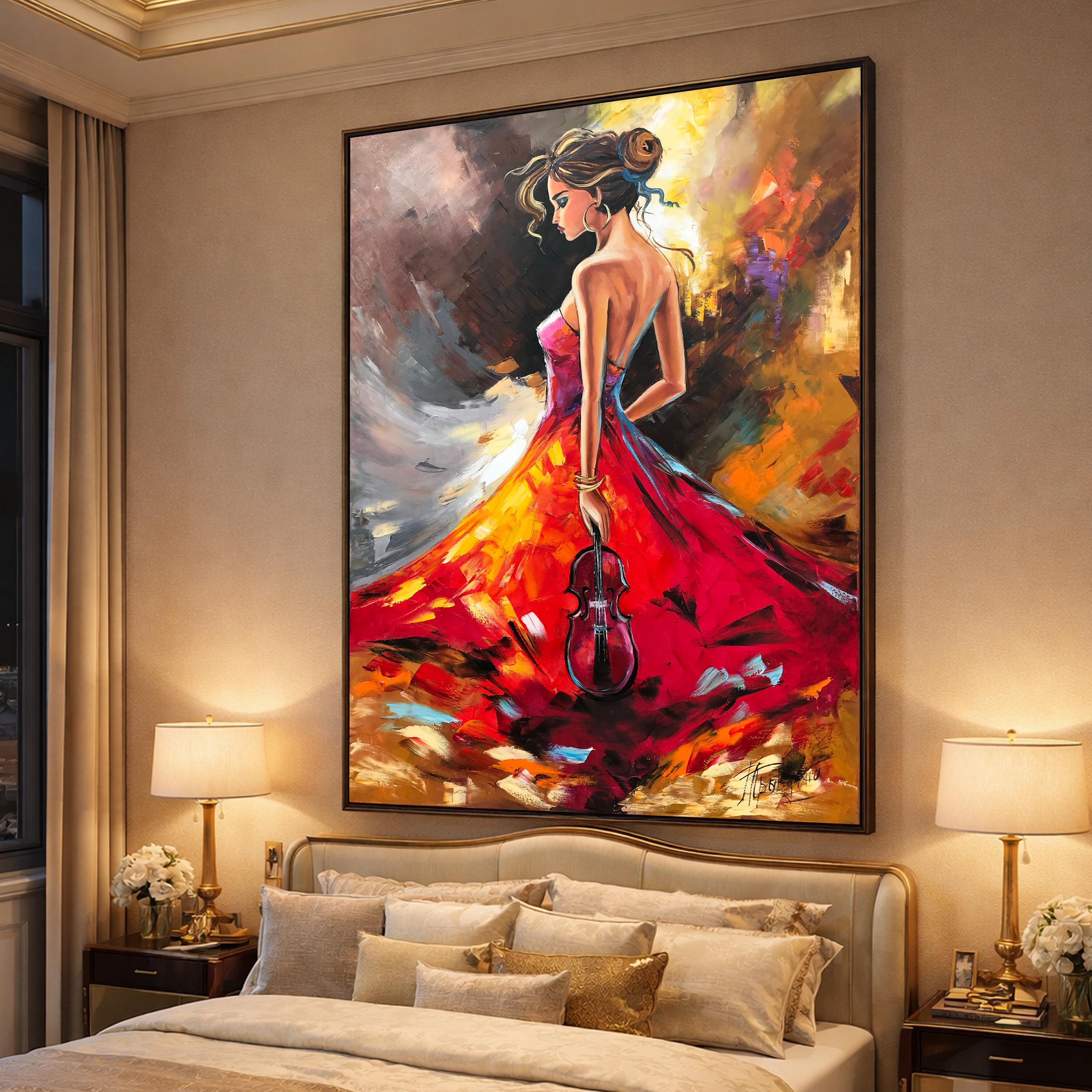 Original Girl With Violin Oil Painting Music Player Wall Art Musician ...