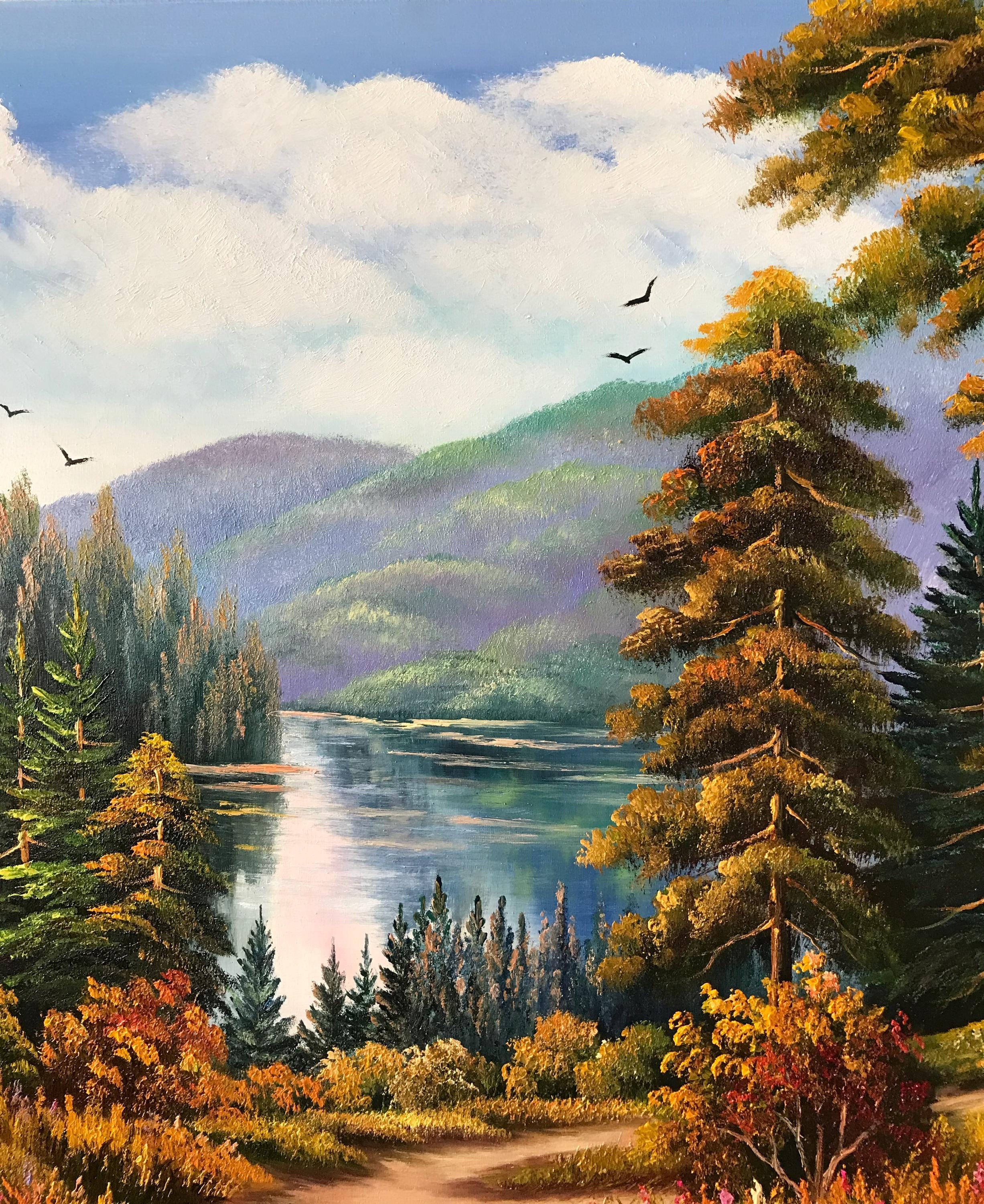 秋の風景油絵、山と湖、木々、秋の森のパノラマ壁画、風景装飾 - Etsy 日本