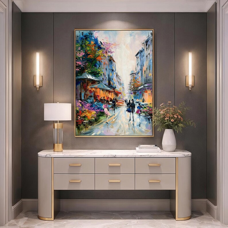 Large Paris Oil Painting Original Paris Street Scene Painting Romantic Paris Cafe Art Paris Flower Market Artwork Romantic Couple Wall Art image 3
