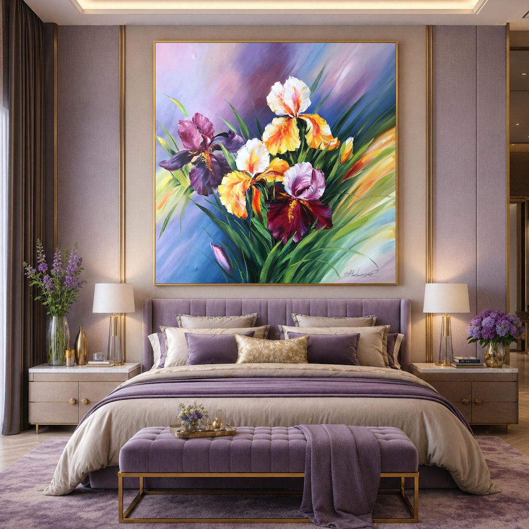 アイリスの花のオリジナル絵画、咲き誇る大きな花のウォールアート