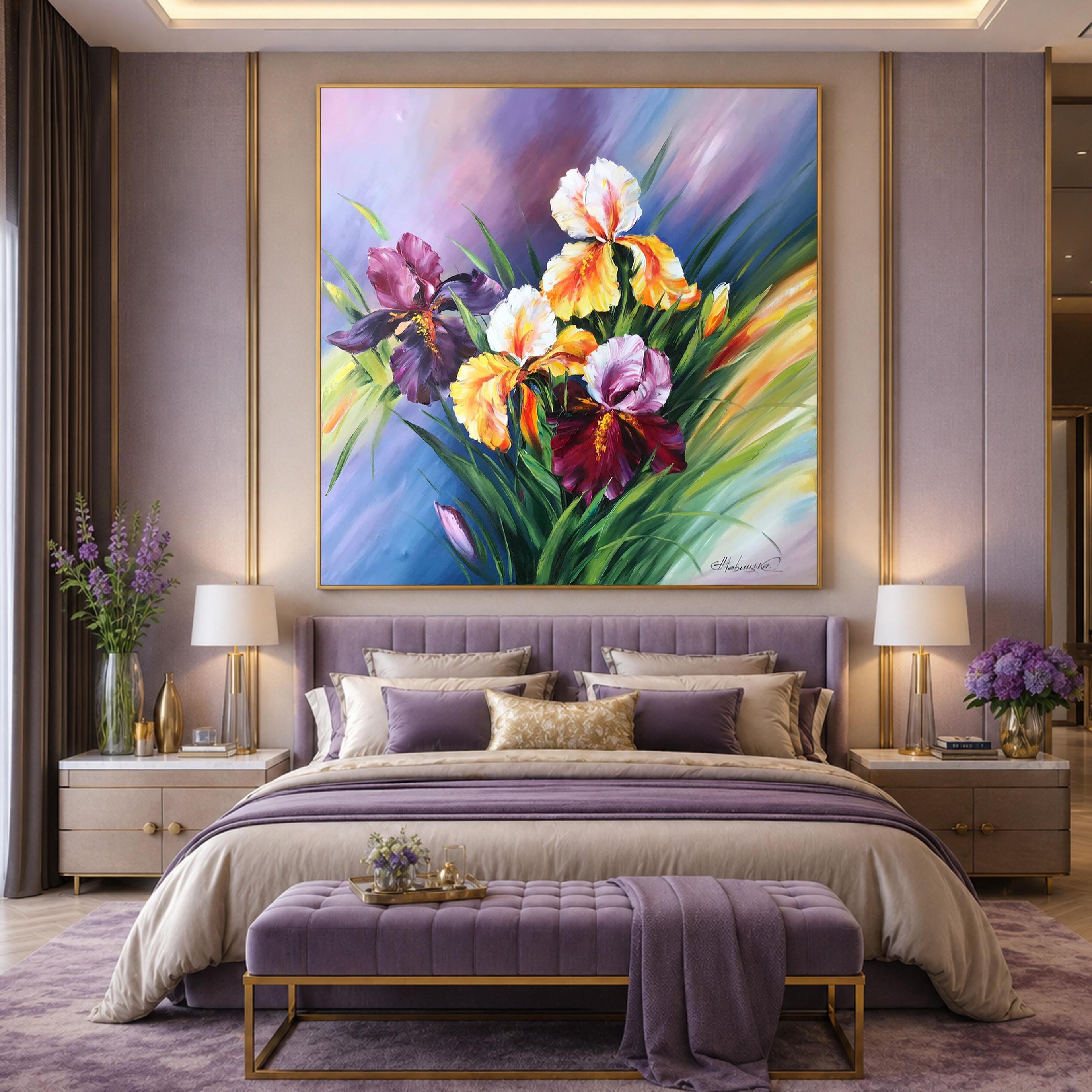 【真作】絵画　安宅乕雄　油彩4号　アイリス　春を告げる花瓶の彩り　Y20 Melting Into You 48x48 floral oil painting pink purple background