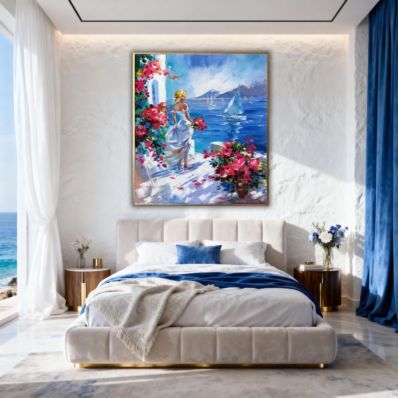 Woman at Sea Painting Original Santorini Painting on Canvas Seaside Artwork Girl Looking at the Sea Painting Greece Oil Painting Summer Gift image 7