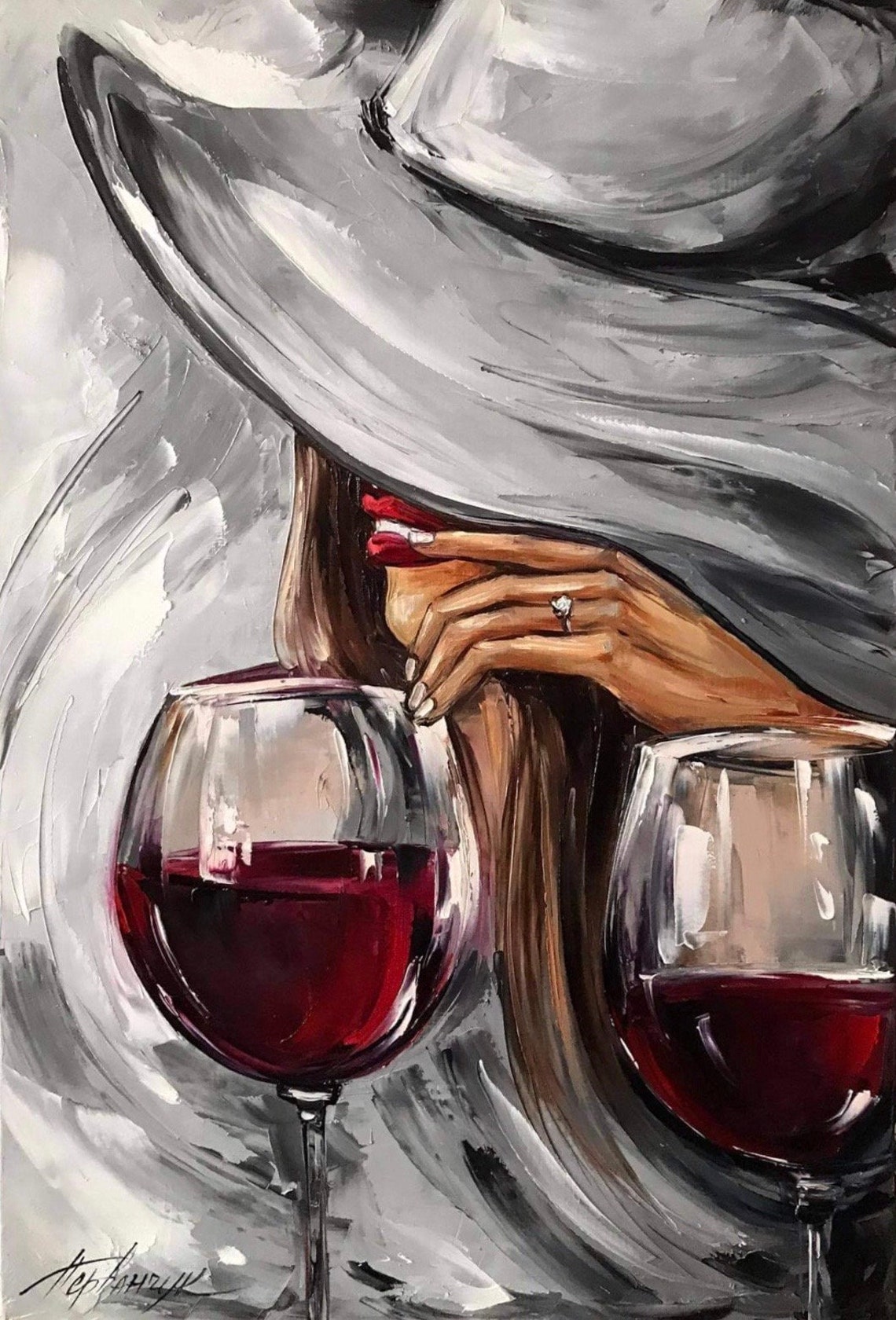 Glass of Wine Painting Original Woman Art Mysterious Etsy