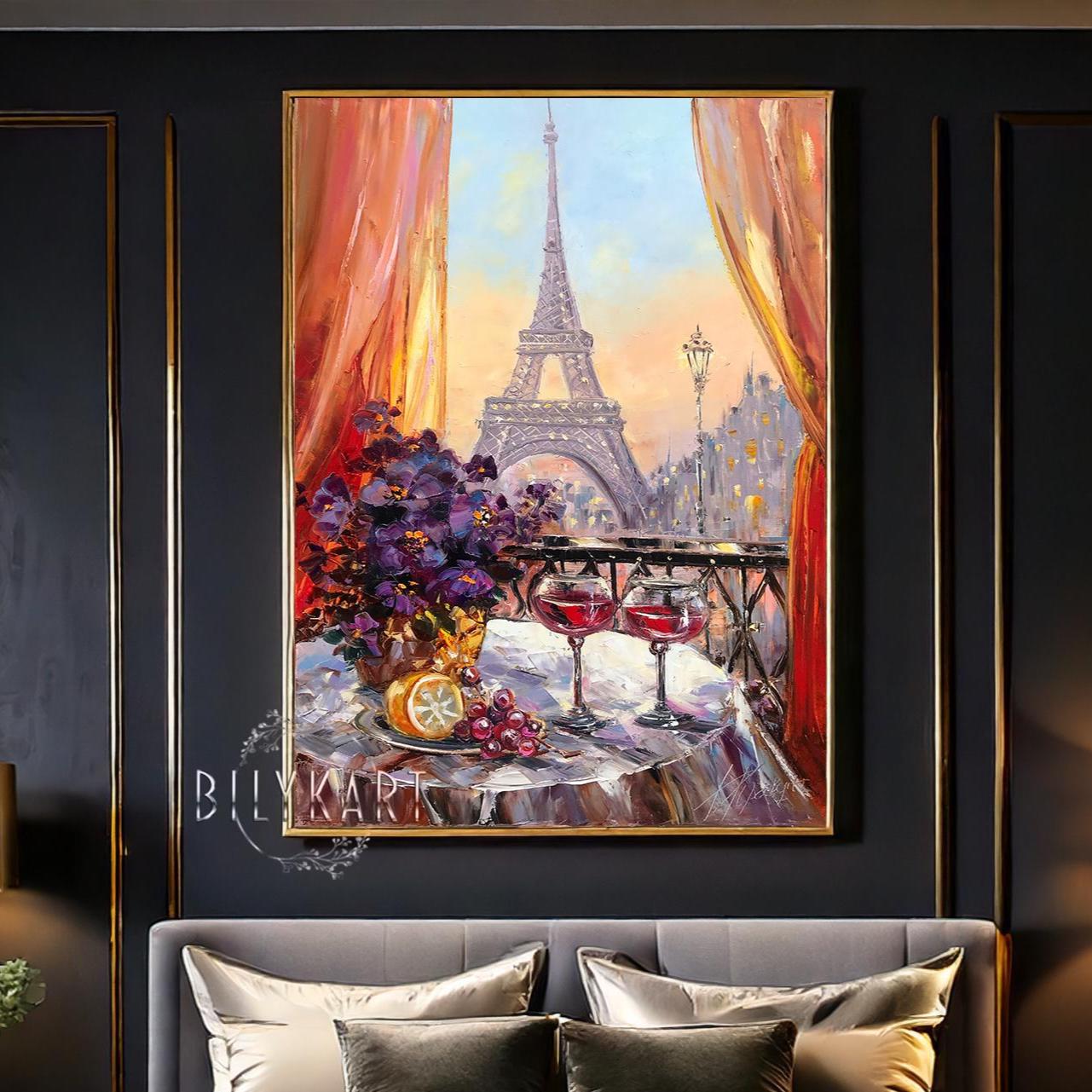 パリのカフェ絵画 オリジナルフレンチビストロアート ワイングラス絵画