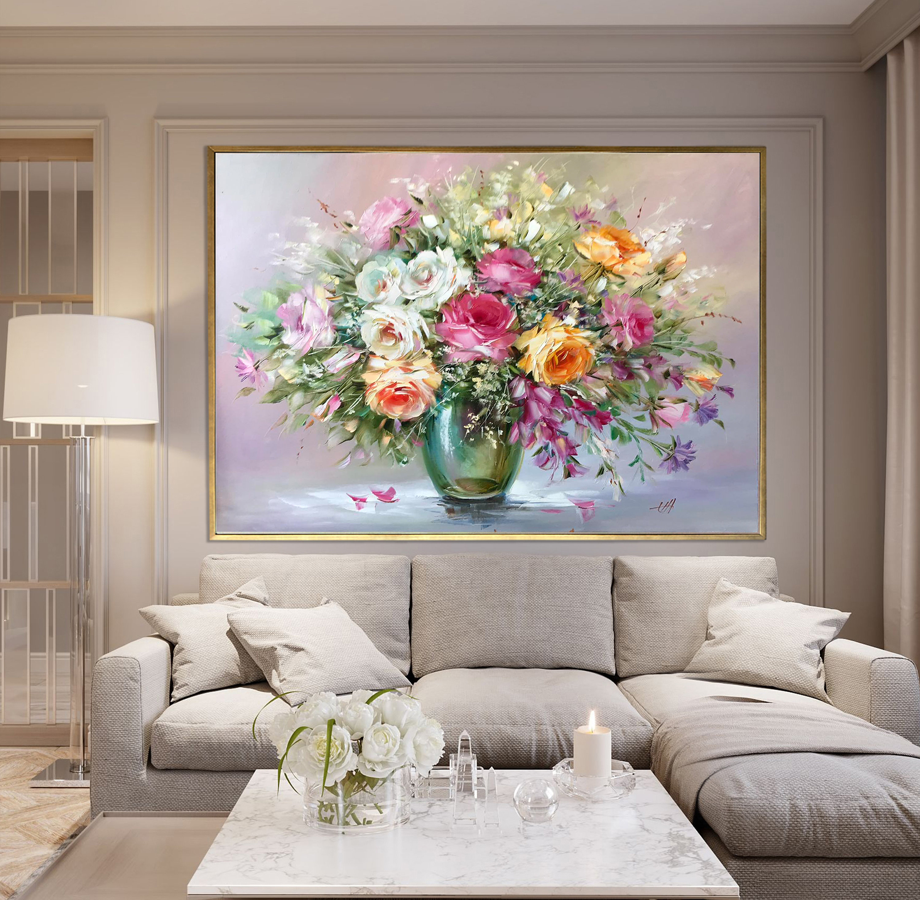 Large Flowers Oil Painting Original Roses Wall Art Saga Green