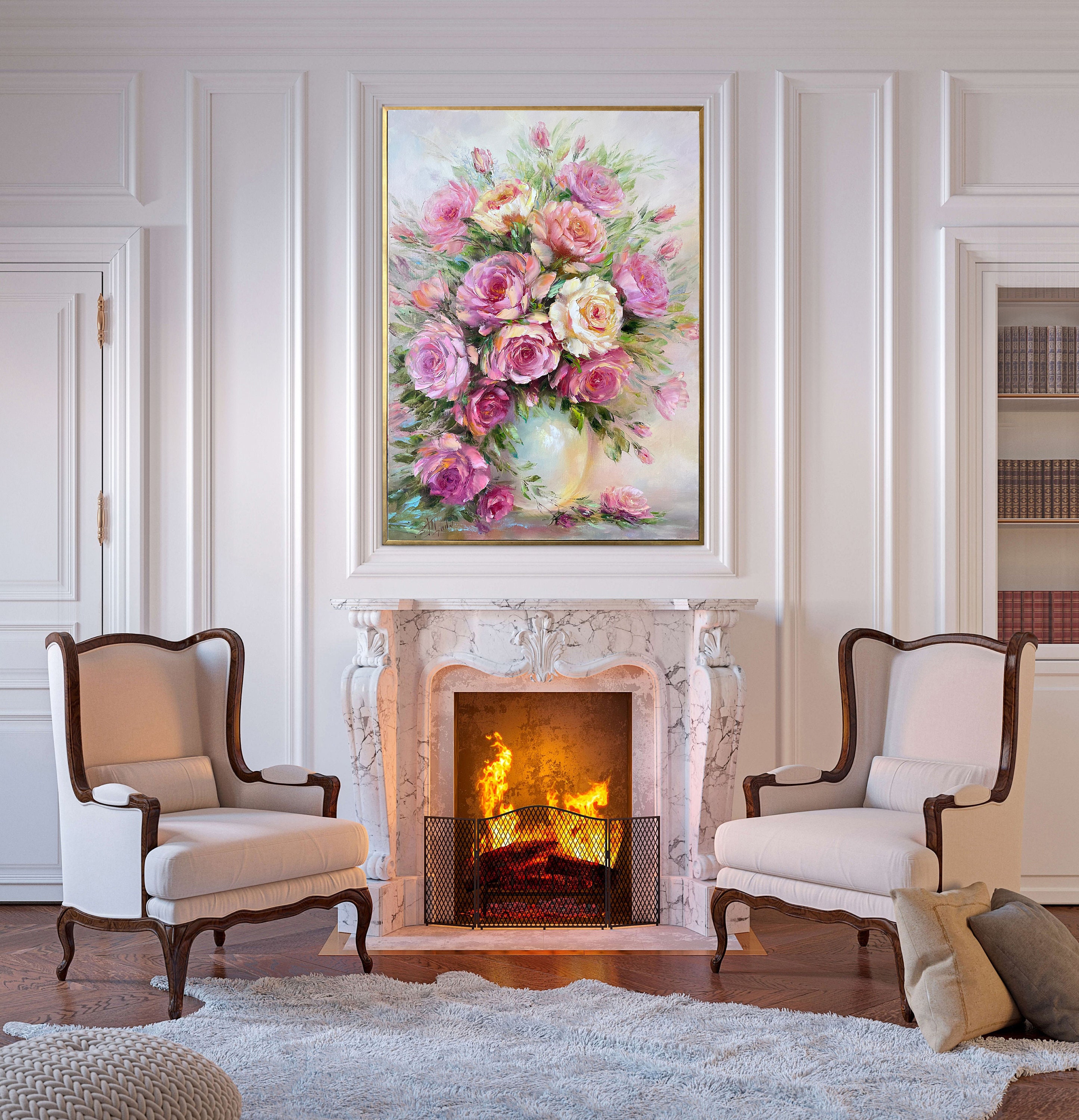 ピンクのバラの油絵 オリジナルの花瓶に入った花の絵画