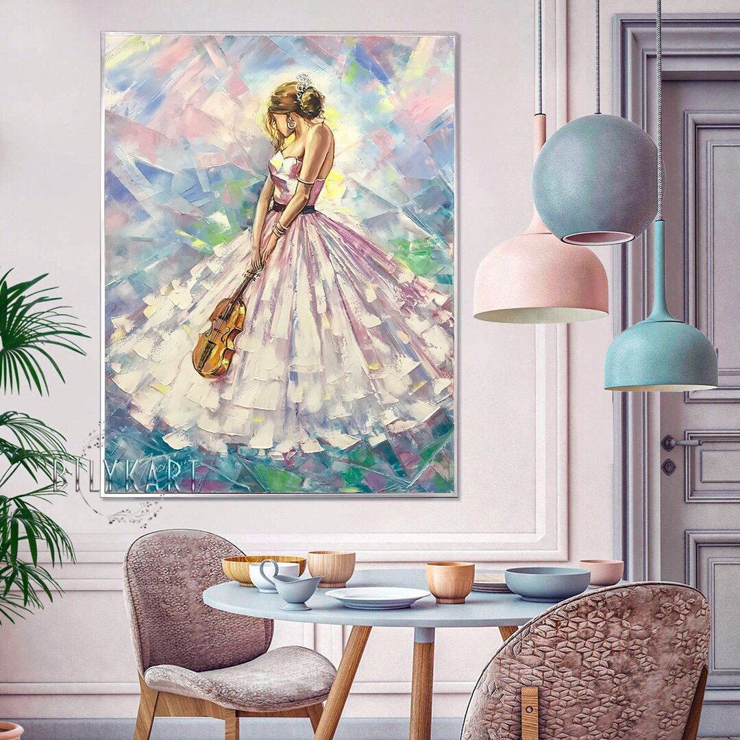 Abstract Woman Oil Painting Original Violin Art Work Girl in White ...