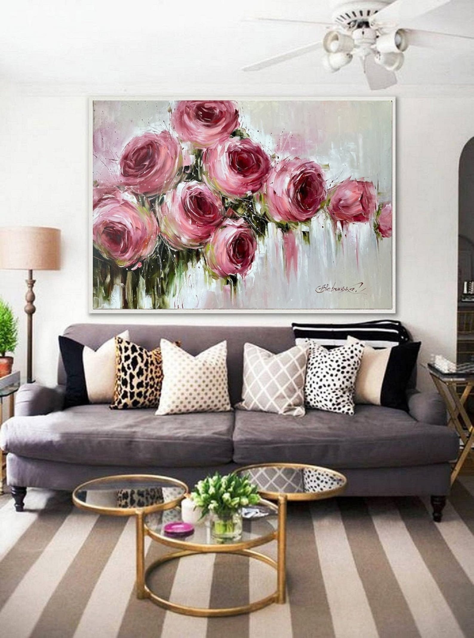 Large Oversized Roses Wall Art Pink Canvas Flowers Oil Etsy