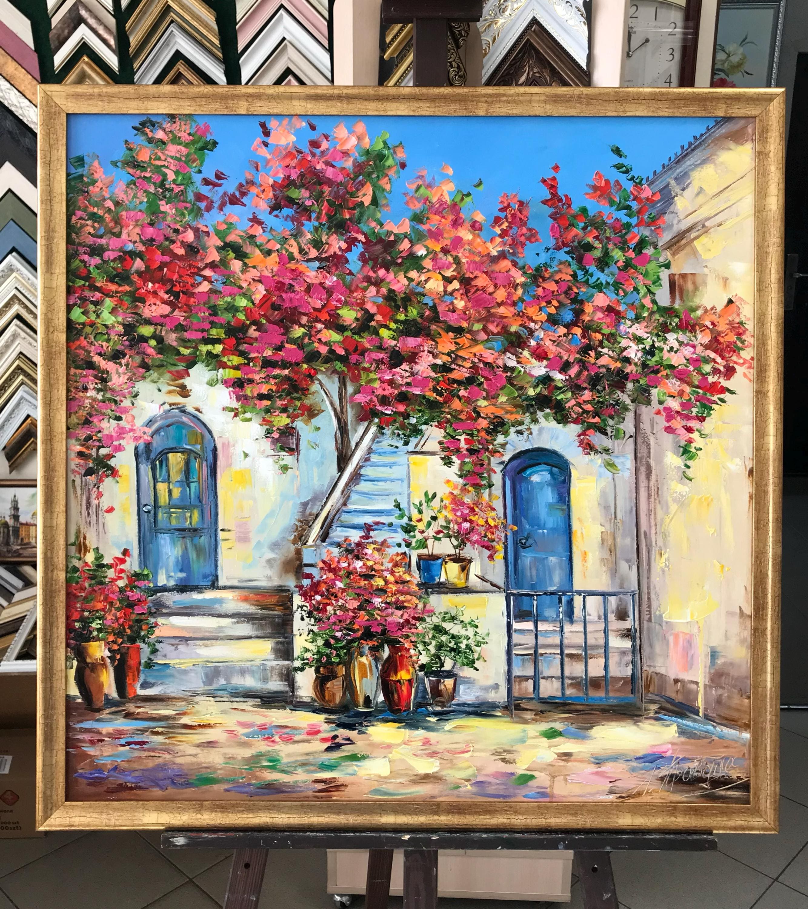 サントリーニ島の絵画 オリジナルの赤いブーゲンビリアの絵画 ゲスト