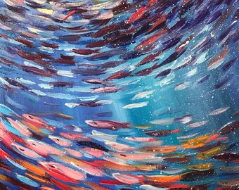 油彩画 魚の群れ 大きな魚の群れを描いた油絵、手描きのインパスト海洋アート - Etsy 日本