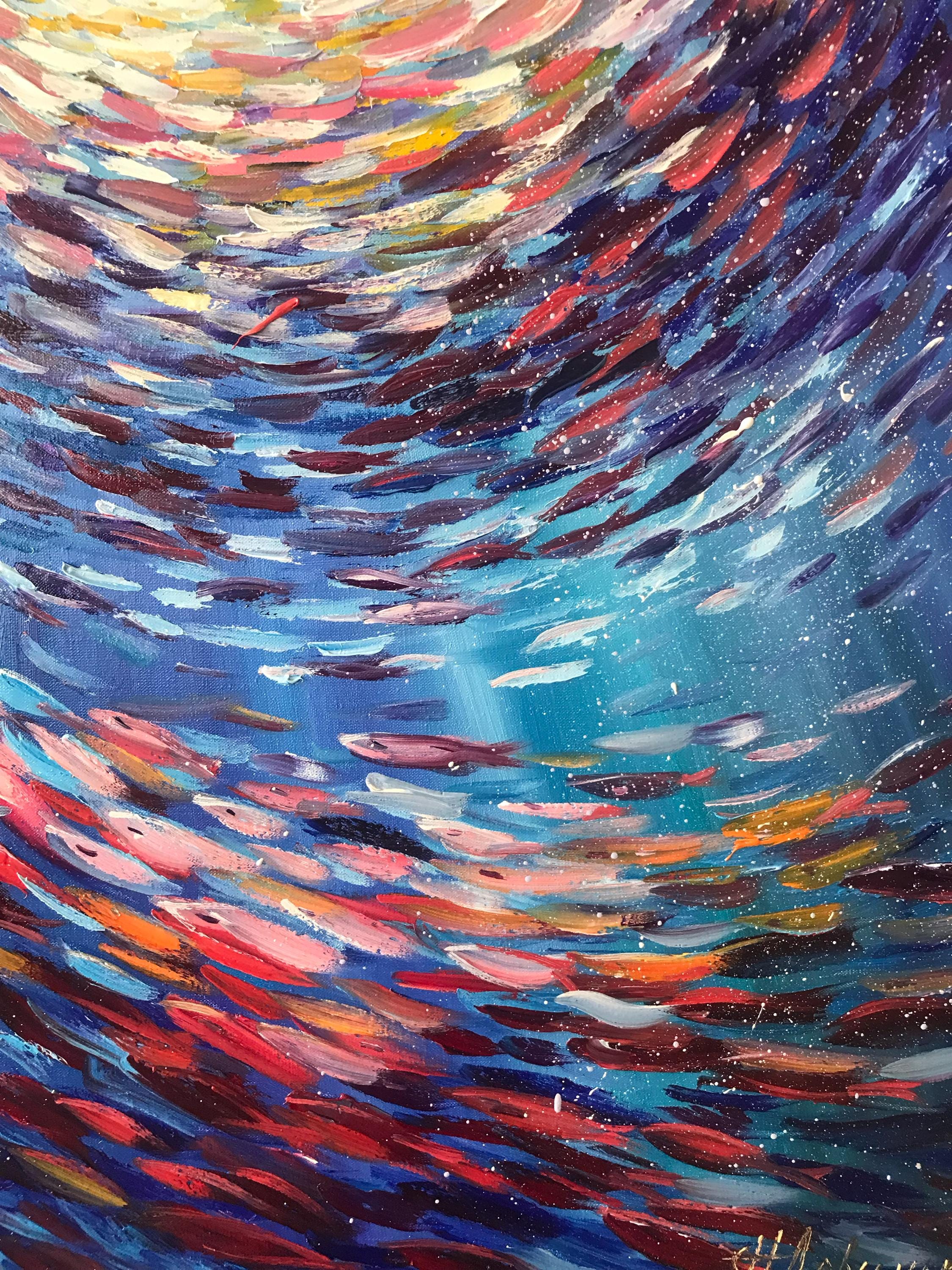 大きな魚の群れの油絵、手描きの水中アート、鮮やかな魚のアート、水中