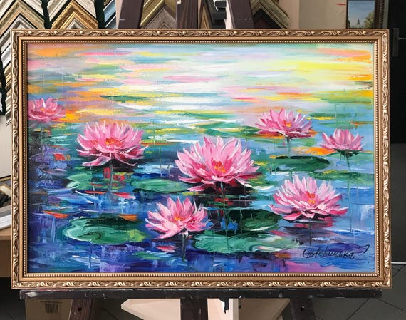 キャンバスに描かれた睡蓮の絵画 クロード・モネ 睡蓮の壁アート 蓮の