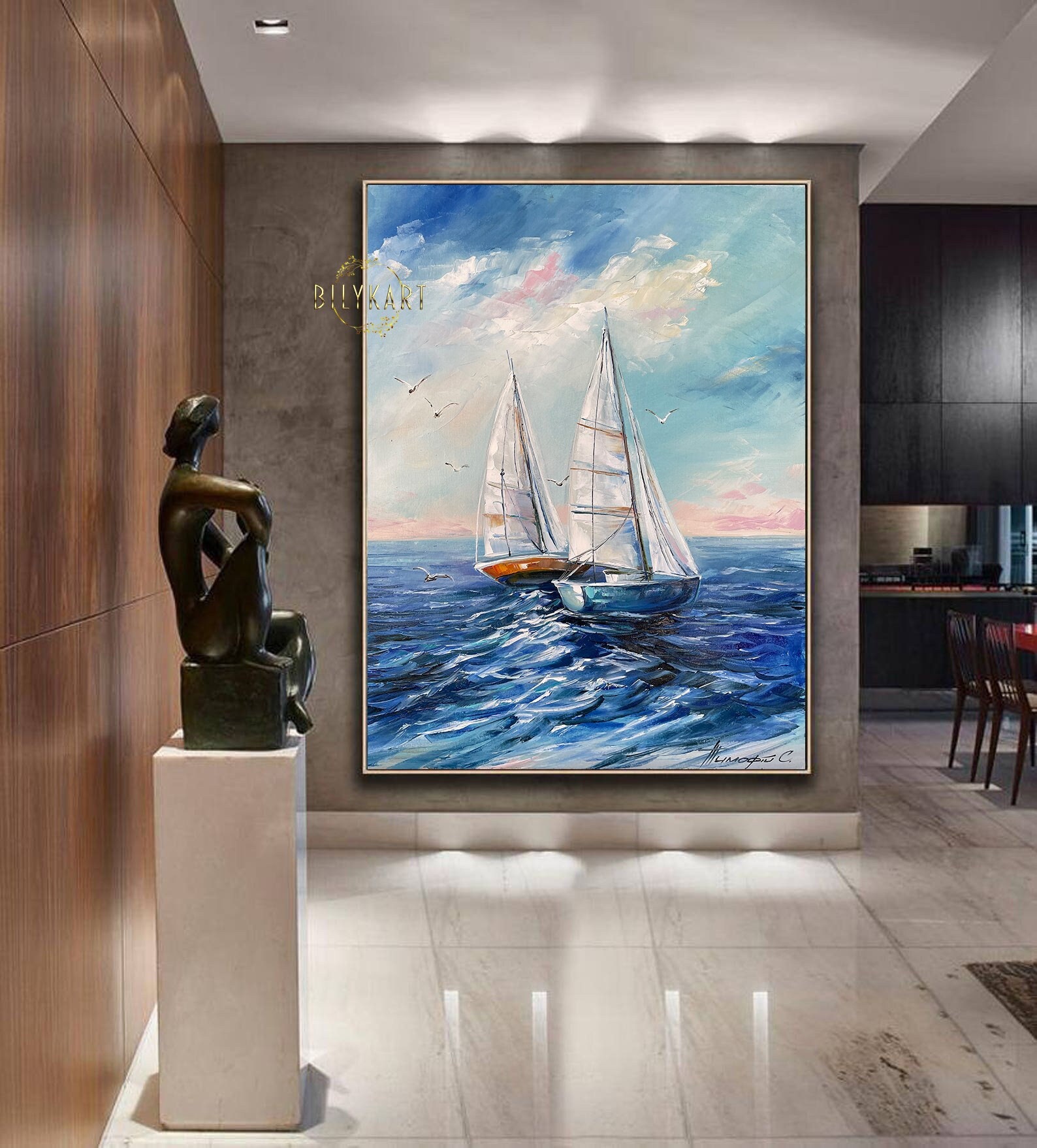 Dipinto su tela, Da parete, Opera ornamentale, Stampata, Raffigurante una nave azzurra sul mare, Blue, A0 91x61cm (36x24in