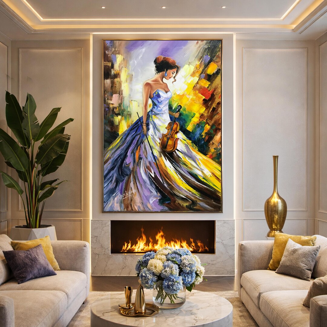 Girl Violinist Oil Painting Original, Abstract Woman With Violin Wall ...