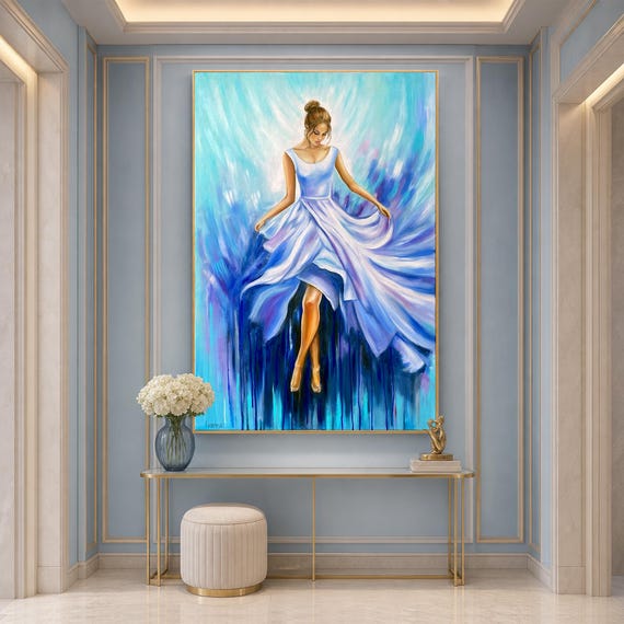 painting lady in blue dress Woman Oil Original, Beautiful Modern Elegant Art Cruise Dress 80s Denim Overall Dress: Chest:96