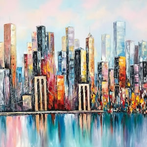 Abstract New York City Oil Painting, NYC Skyline Painting, Extra Large Brooklyn NY Modern Wall Art, City Skyline Abstract NYC Oil Painting