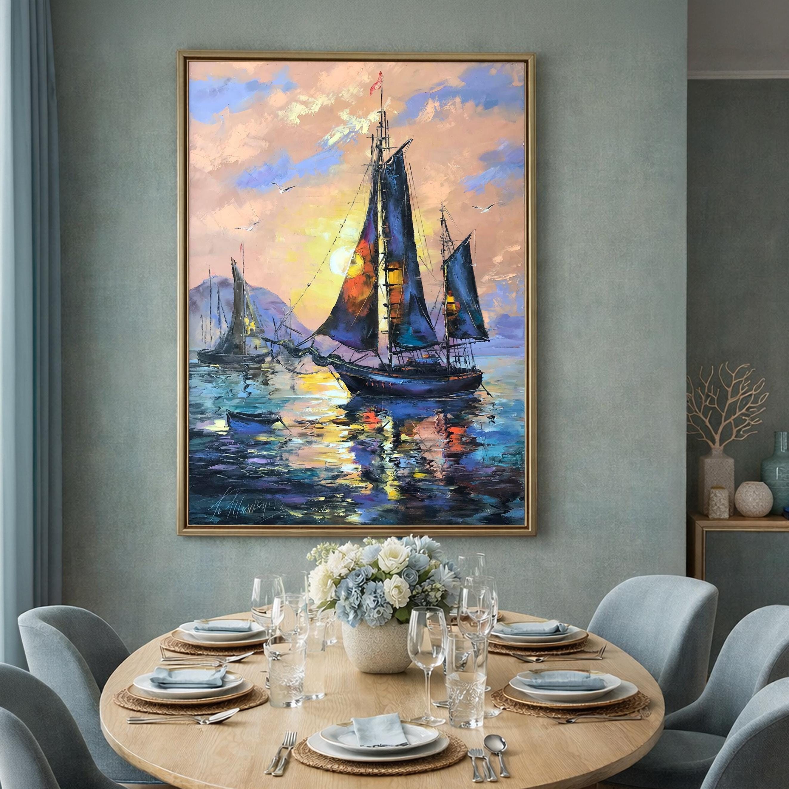 帆船の夕日油絵オリジナル：特大抽象ボート壁掛けアート - Etsy 日本