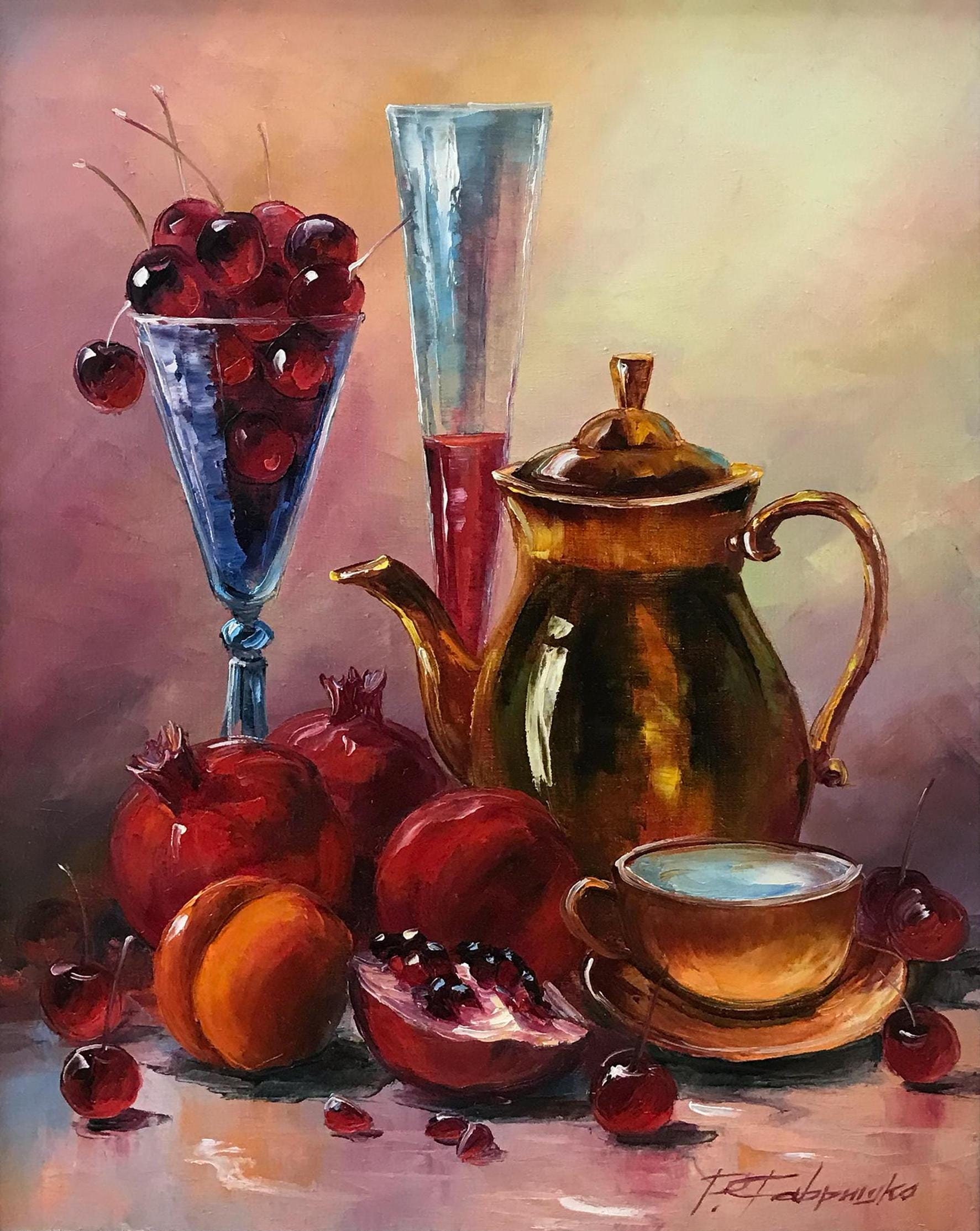 静物画フルーツ絵画オリジナルフルーツ油絵ティーポットアートザクロ