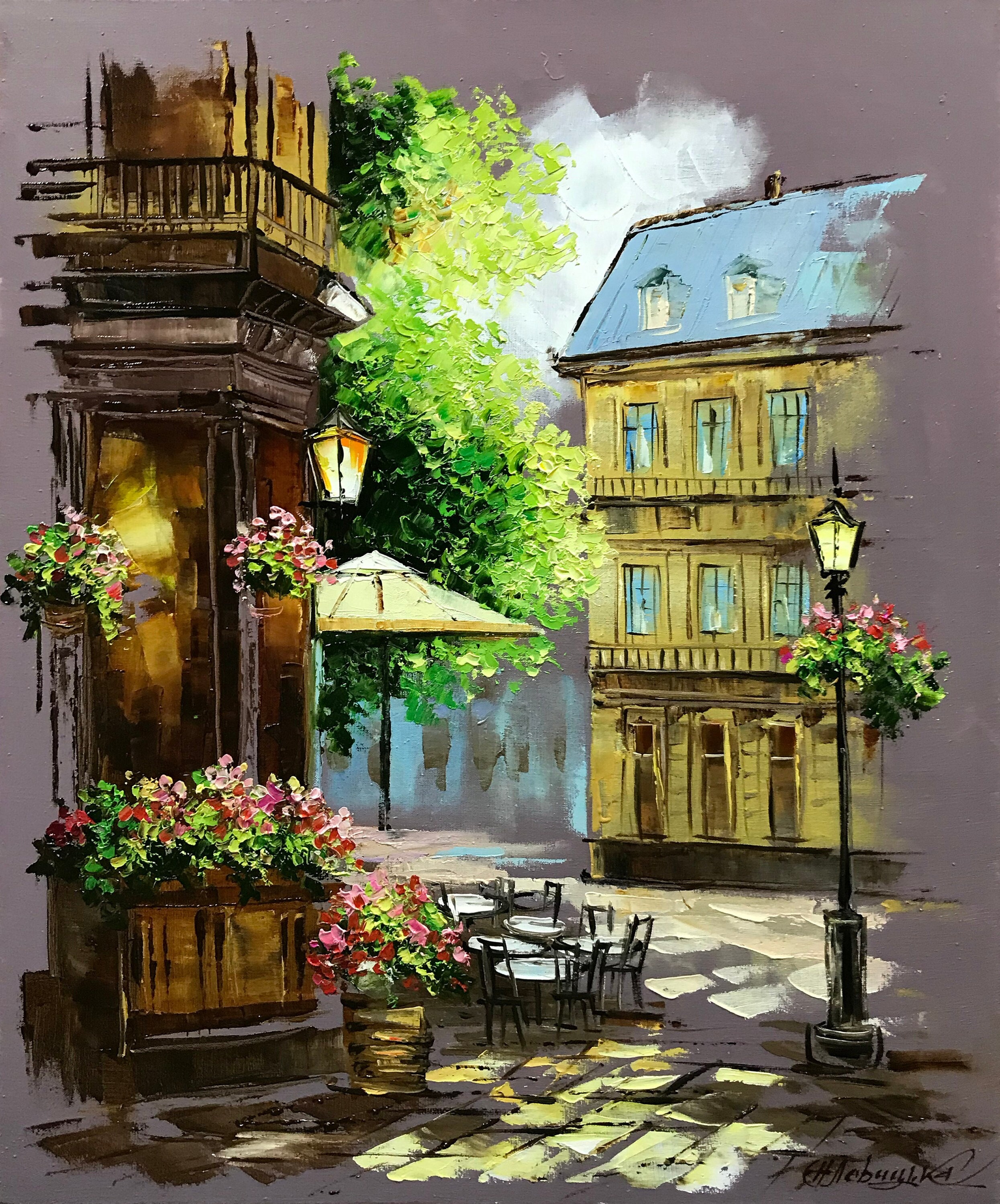 キャンバスに描かれたパリの街並みの絵画 フランスのカフェの キャンバスに描かれたパリの街並みの絵画 フランスのカフェの