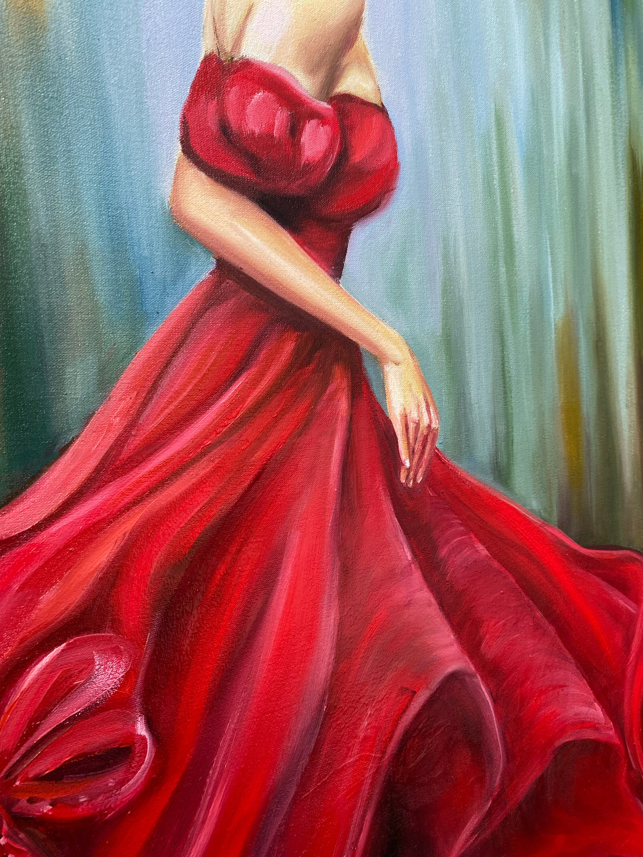 赤いドレスを着た女性の油絵 オリジナル抽象現代女性絵画 緑と赤の壁