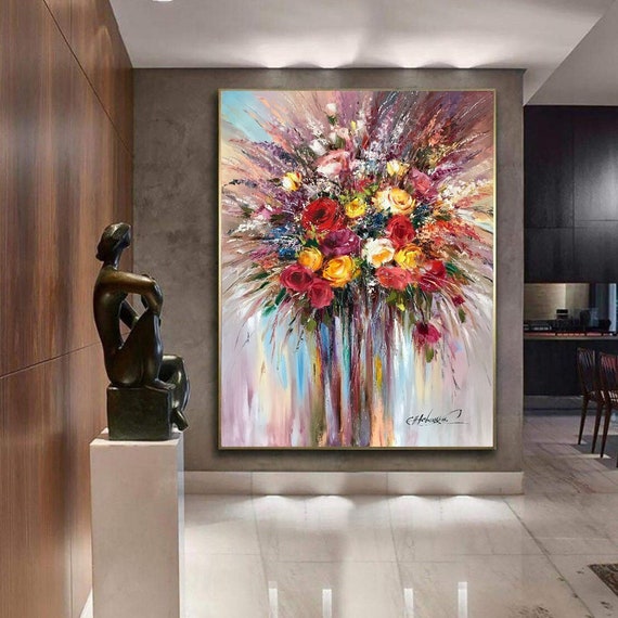 wall26 - Original Oil Painting of Beautiful Vase or Bowl of Fresh Flowers.  on Canvas.Modern Impressionism, Modernism,Marinism - Removable Wall Mural 