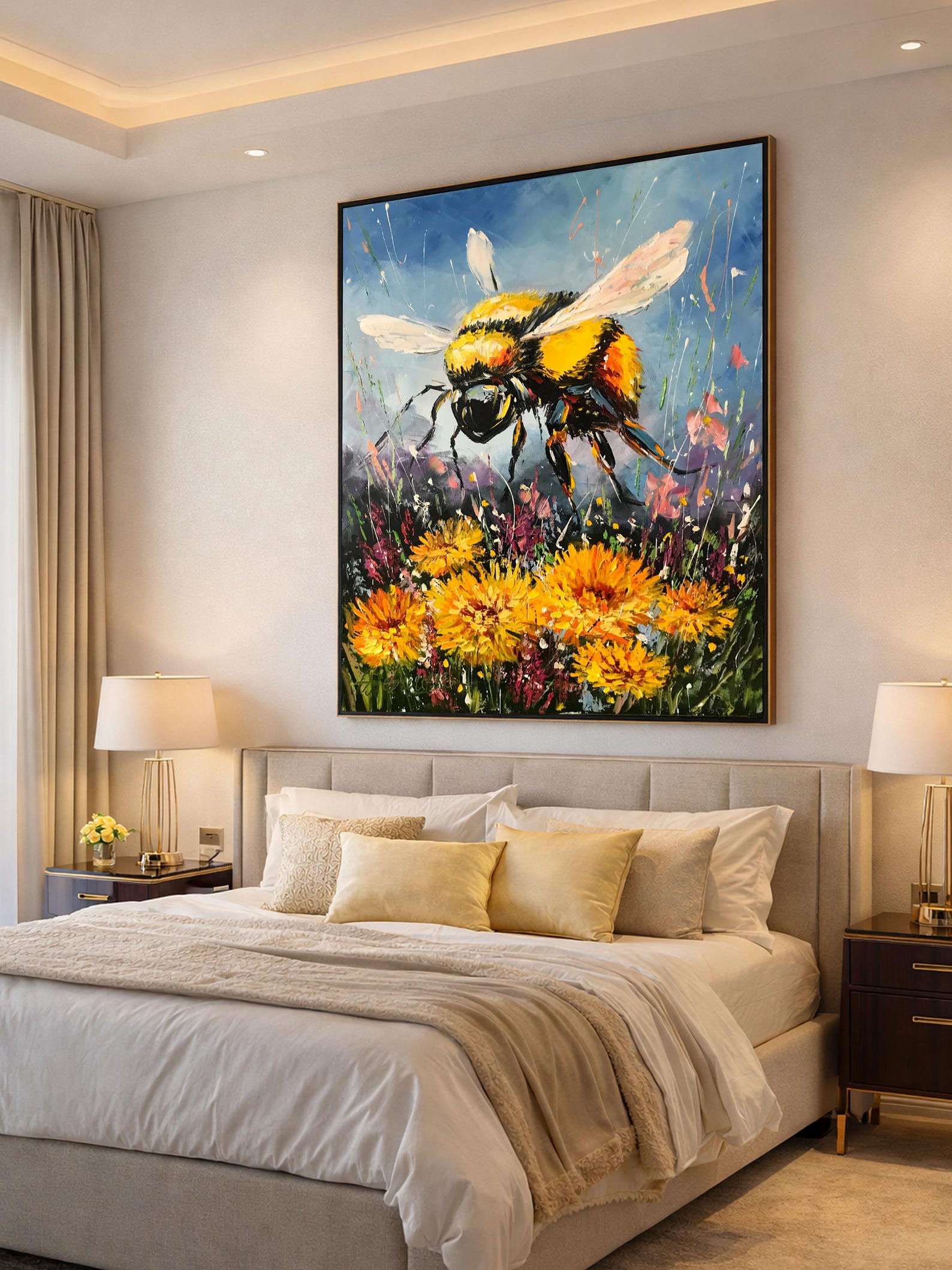 Original Bumble Bee Oil Painting, Blue and Yellow Insect Wall Art - Etsy