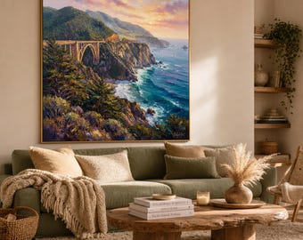 カリフォルニア海岸油絵オリジナル額装パノラマビッグサーアートワーク
