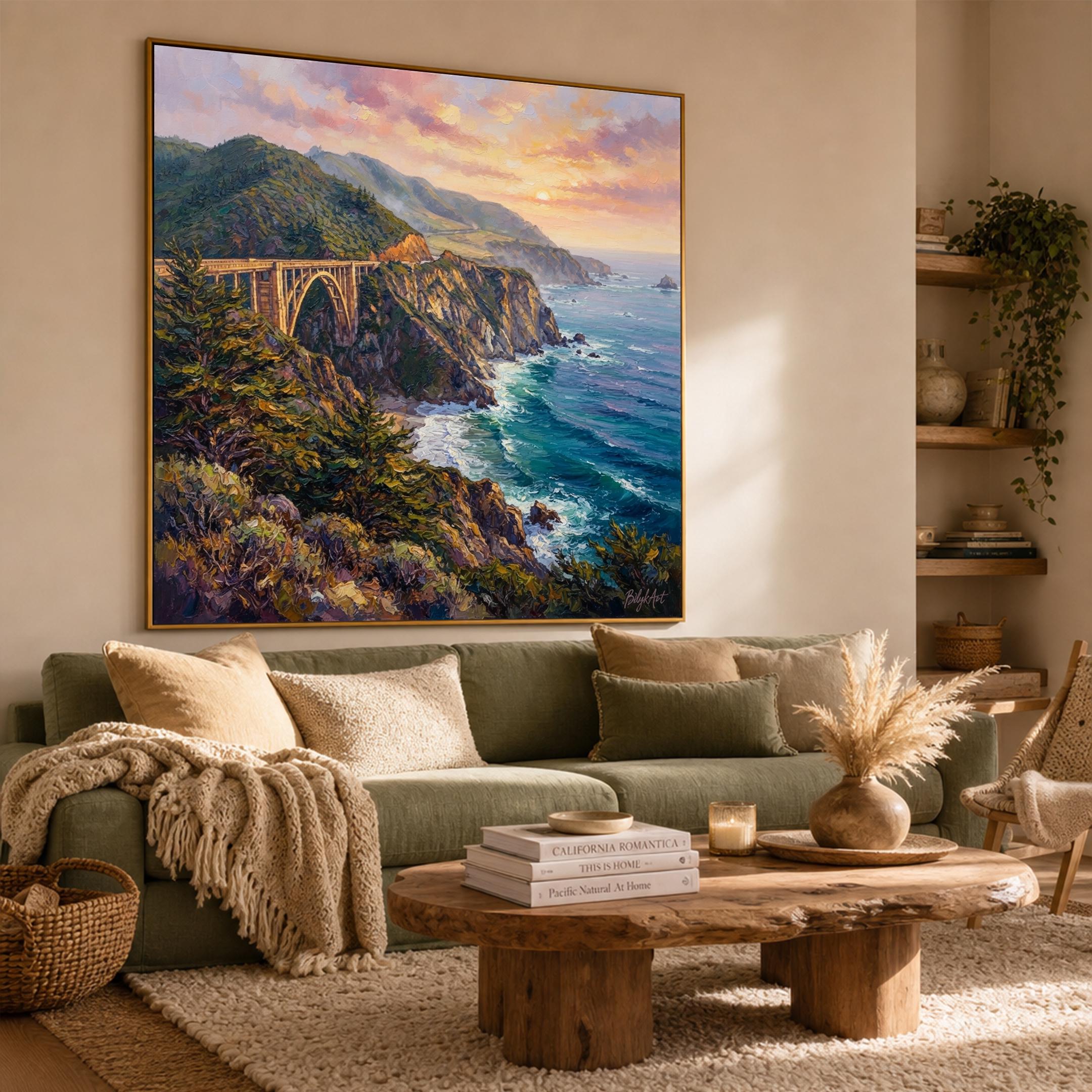 カリフォルニア海岸油絵オリジナル額装パノラマビッグサーアートワーク