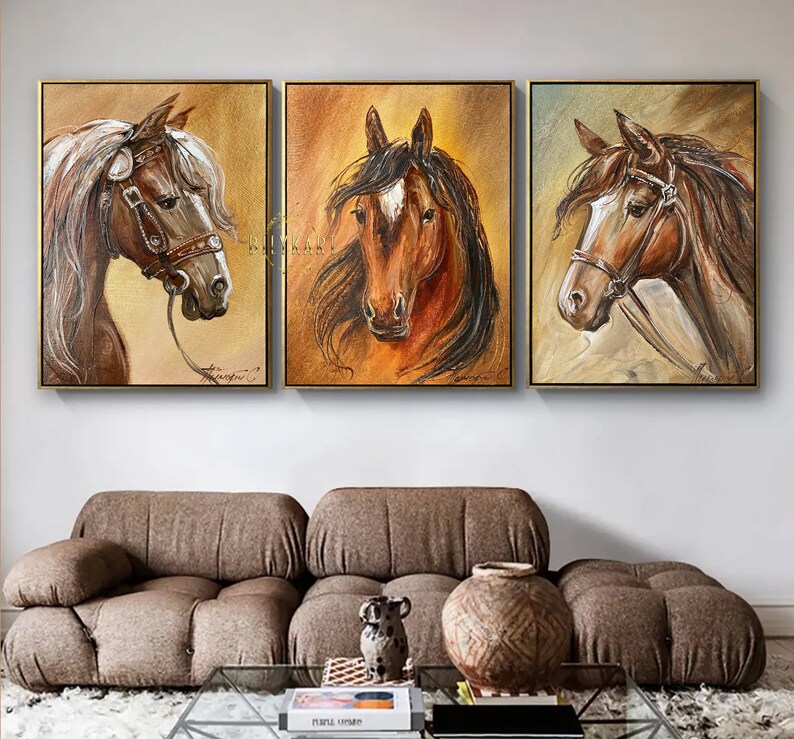 Set of 3 Oil Painting Original Large Horse Wall Art Decor Etsy