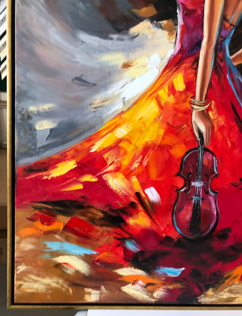Original Girl With Violin Oil Painting Music Player Wall Art Musician ...