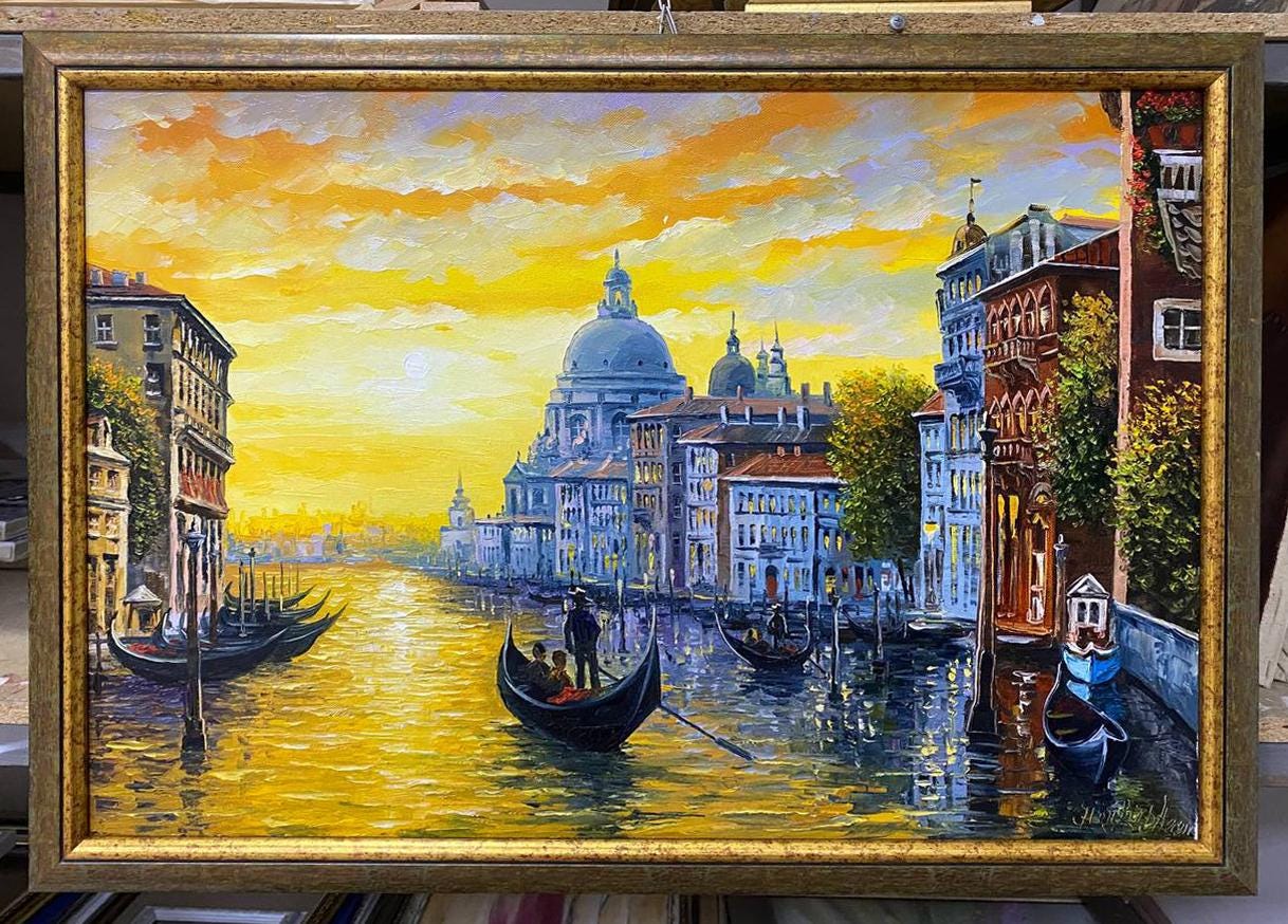 ヴェネツィアの夕日 イタリア 油絵 オリジナル：ヴェネツィアの運河を