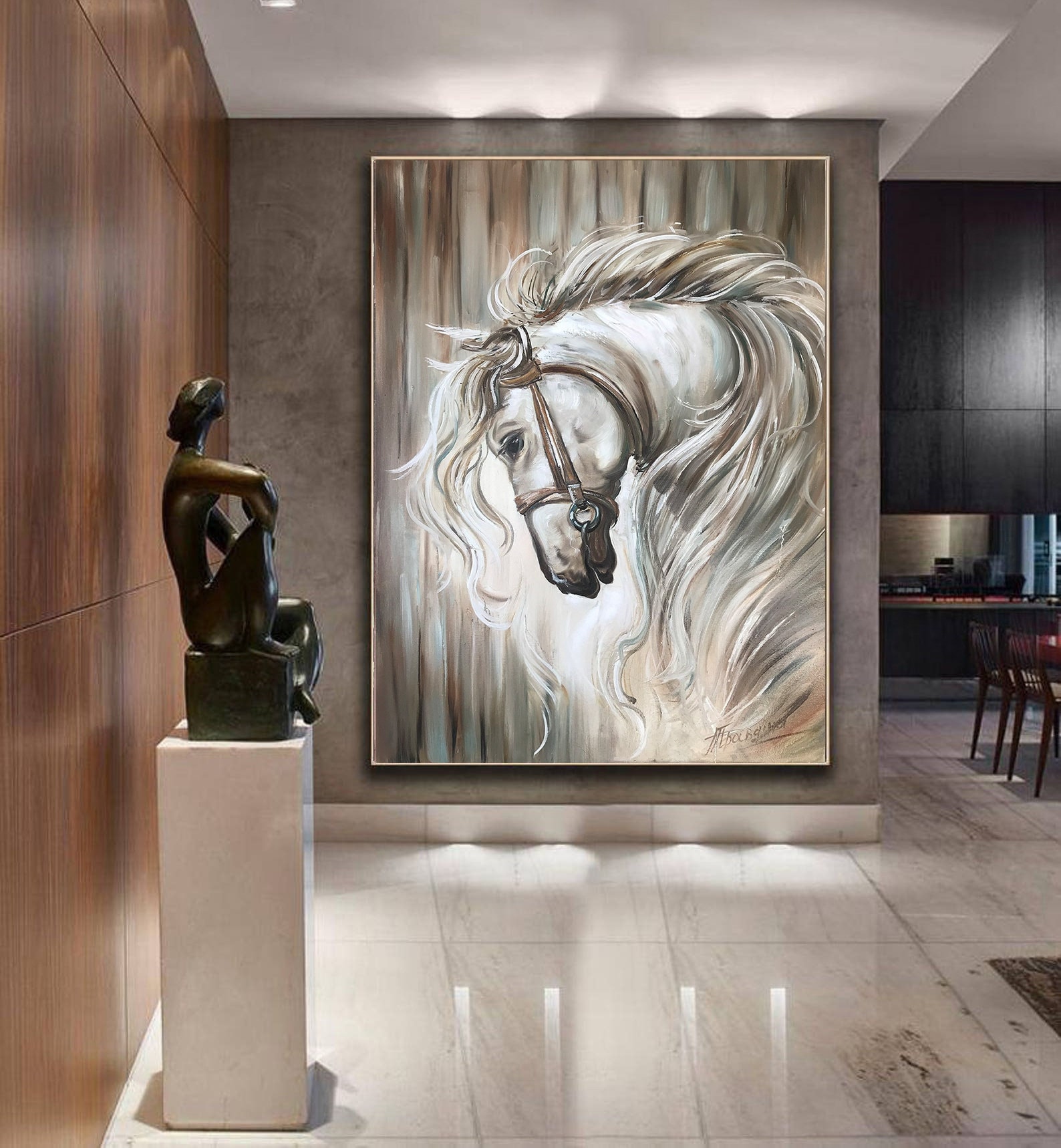 Horse Head Oil Painting on Canvas Abstract Animal Decor White Gray