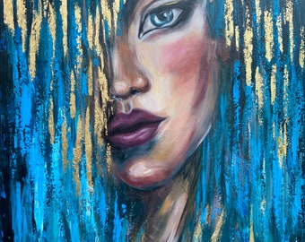 Abstract Woman Face Painting Original Abstract Girl Face Wall Art Luxury Gift for Her Blue Gold Painting 70x70cm Woman Wall Decor Modern Art