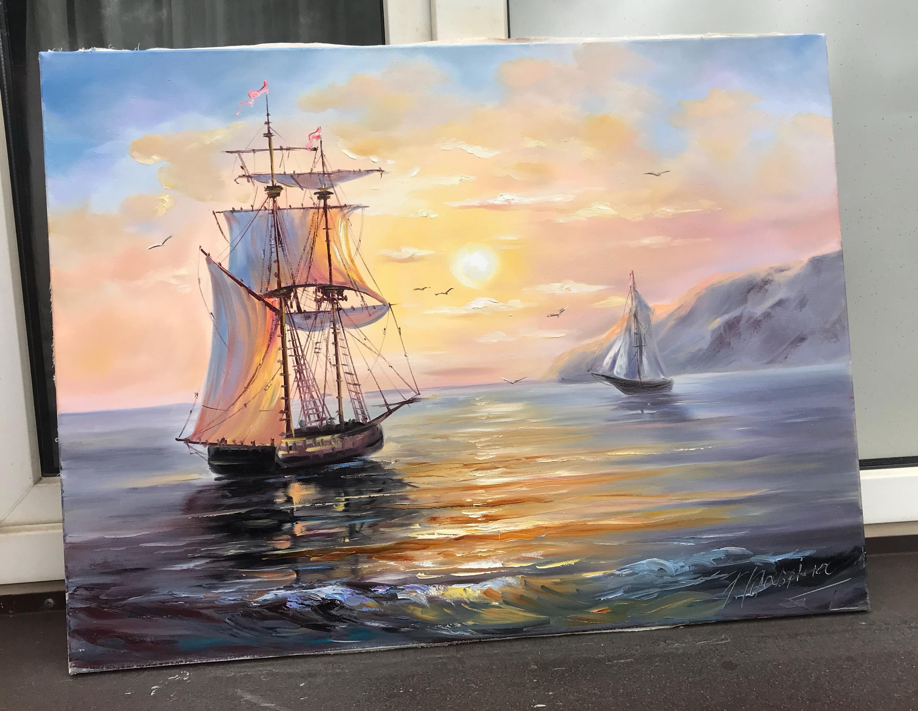 絵画　帆船　海　夕陽 202b 夕焼けの海と帆船 (着彩見本付き) | 下絵工房カルトーネ