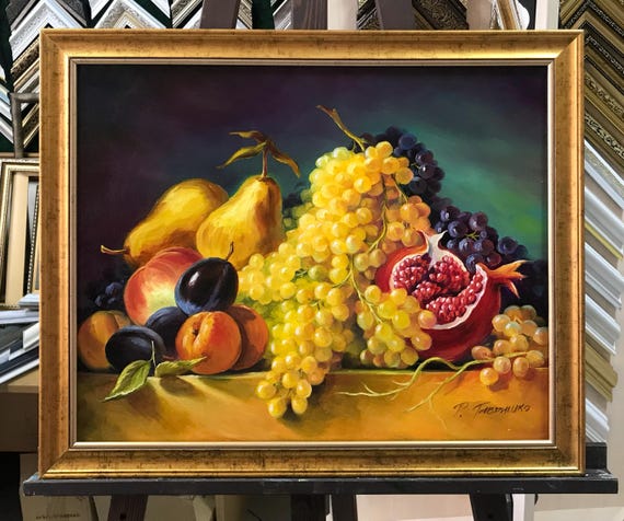 絵画 インテリア 額付(銀) 油絵 uF6-061403 静物 フルーツ 絵画額付 (銀）油絵uF6-061104静物（果物）