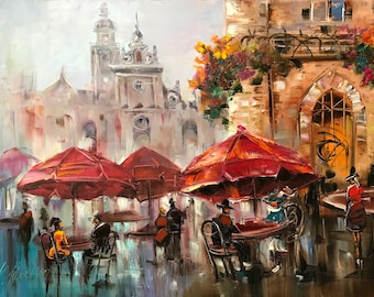 ヨーロッパのカフェ絵画 オリジナルレストラン絵画 ビストロアート